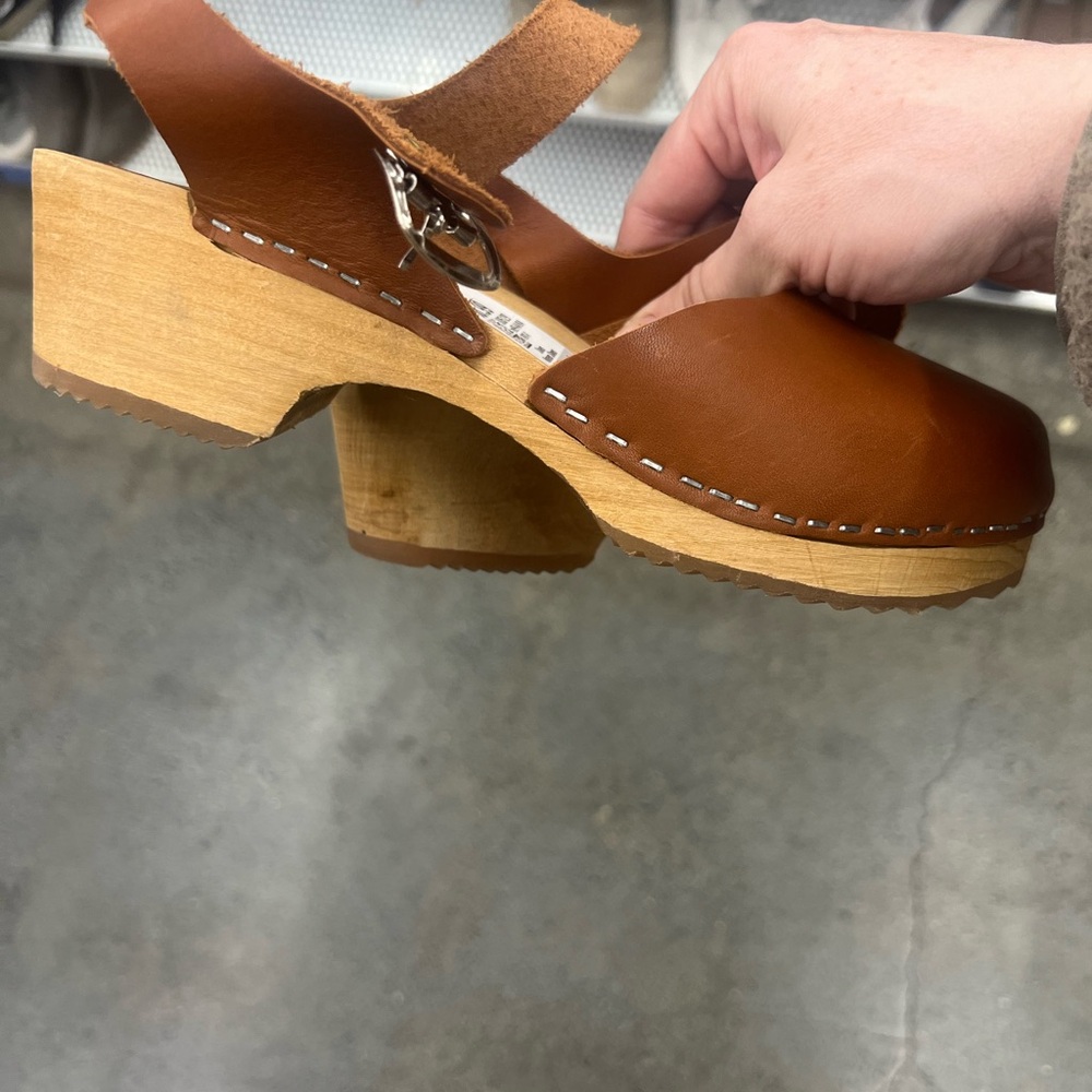 Swedish Hasbeens Tan Leather Mules